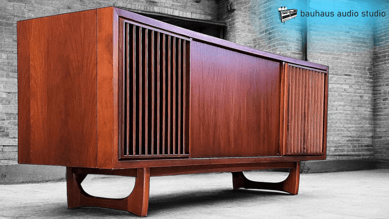 Modern wooden sideboard with horizontal slats and curved legs in a minimalist setting