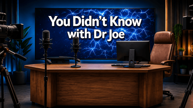 Modern podcast studio setup with “You Didn’t Know with Dr Joe” displayed on a large illuminated screen.