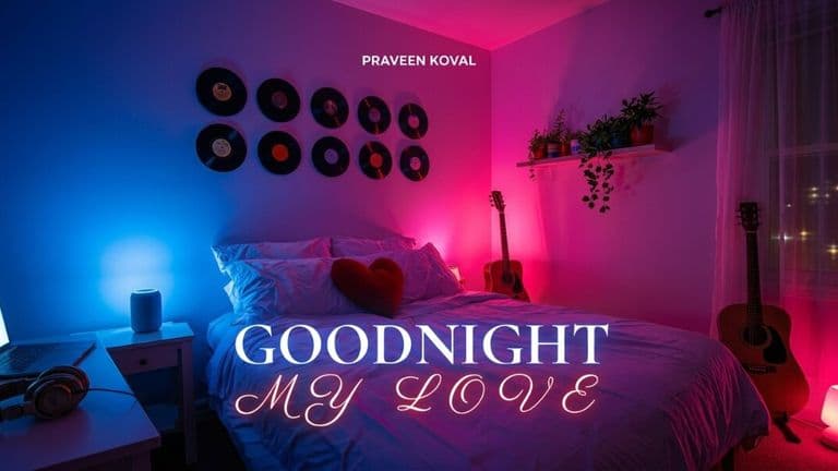 Cozy bedroom with pink and blue lighting, guitars, vinyl records, and “Goodnight My Love” title promoting Praveen Koval’s single.