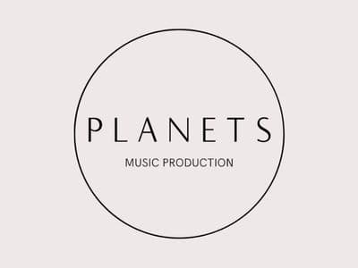 PLANETS Music Production logo inside a circular outline on a light gray background.