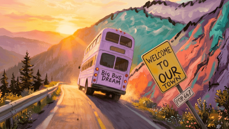 Purple double-decker bus driving through a colorful mountain town at sunset beside a welcome sign.