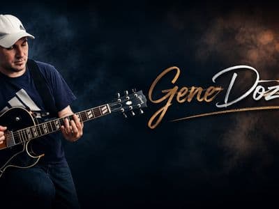 Gene Dozois playing electric guitar beside his stylized artist logo and glowing stage lights.
