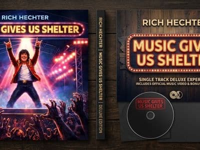 Album cover for "Music Gives Us Shelter" by Rich Hechter. A performer on stage raises arms triumphantly, surrounded by cheering crowd and vibrant lights. Retro vibe.