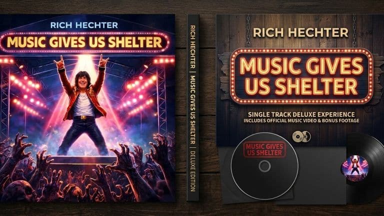 Album cover for "Music Gives Us Shelter" by Rich Hechter. A performer on stage raises arms triumphantly, surrounded by cheering crowd and vibrant lights. Retro vibe.