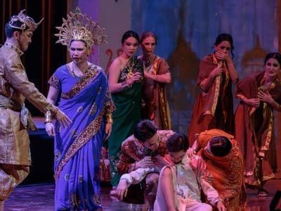Actors performing in a scene from The Silent Prince, an opera blending Eastern culture and Western operatic tradition.