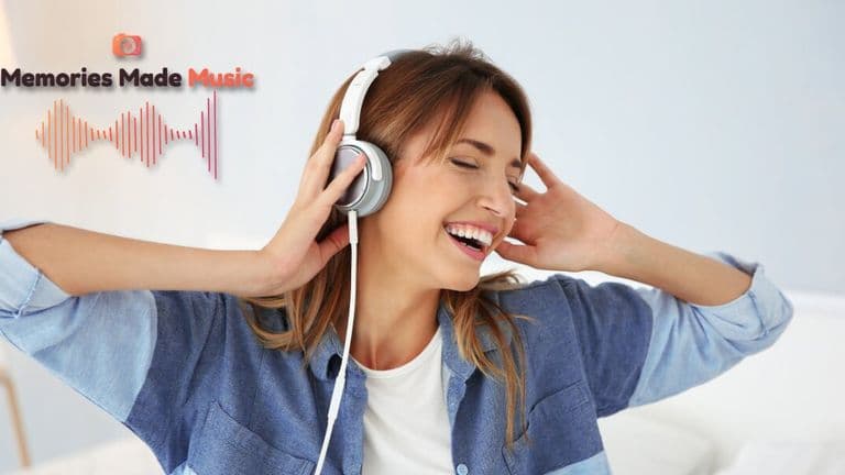 Person wearing headphones smiling while listening to music beside the Memories Made Music logo.