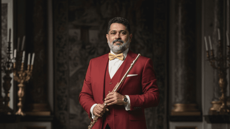 “Elegant musician in a formal red suit holding a flute inside an ornate concert hall, representing refined artistry, professionalism, and cultural excellence.”