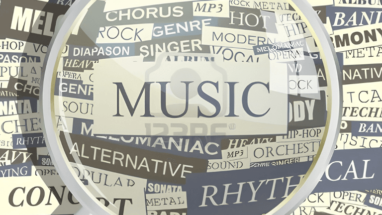 Collage of music genres and terms centered around the word "Music"