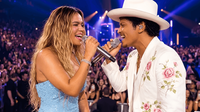 Two singers perform together on stage, smiling and holding microphones in front of a crowd