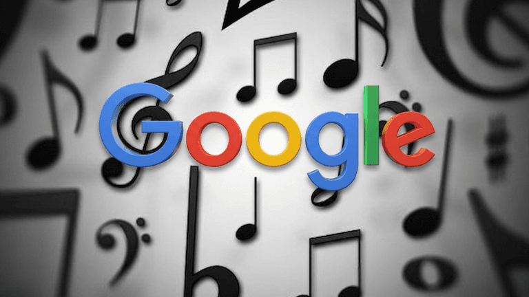 Google logo overlaid on a background of musical notes and symbols