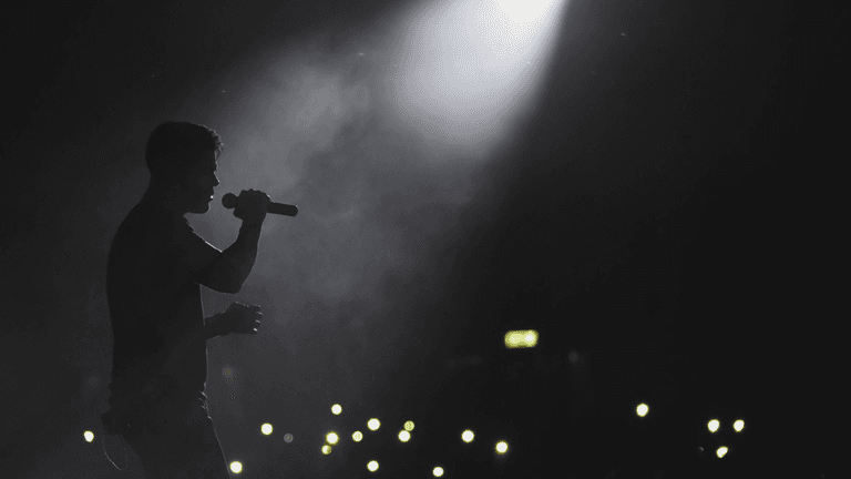 Silhouette of a singer performing on stage with a spotlight and audience lights visible