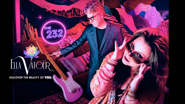 Two musicians posing with instruments in a colorful, vibrant setting featuring neon lights