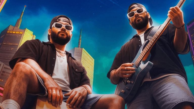 Two musicians wearing sunglasses pose confidently with a guitar against a city skyline
