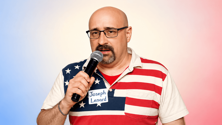 Man in a patriotic shirt holds a microphone, speaking confidently against a gradient background