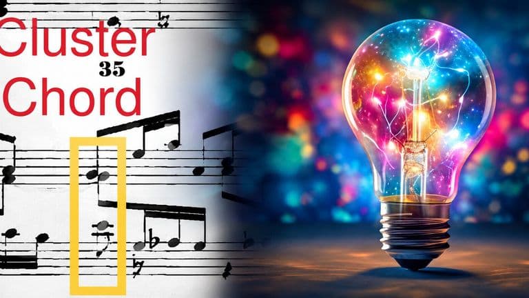 Sheet music labeled "Cluster Chord 35" beside a glowing multicolored light bulb illustration.
