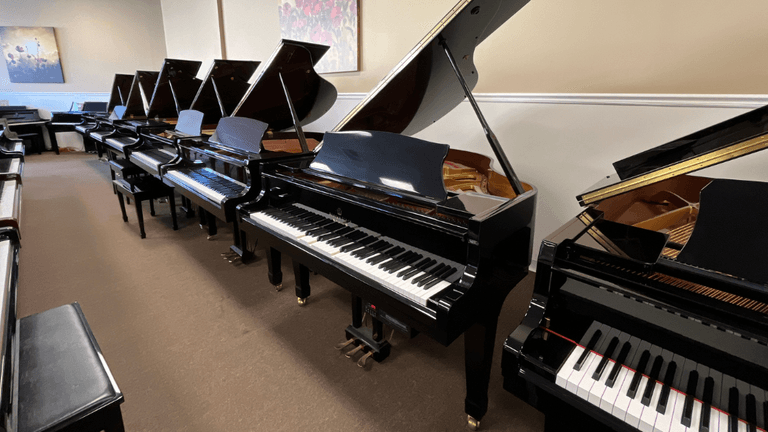 "Showroom with a variety of grand pianos, showcasing craftsmanship and quality at Worldwide Piano."