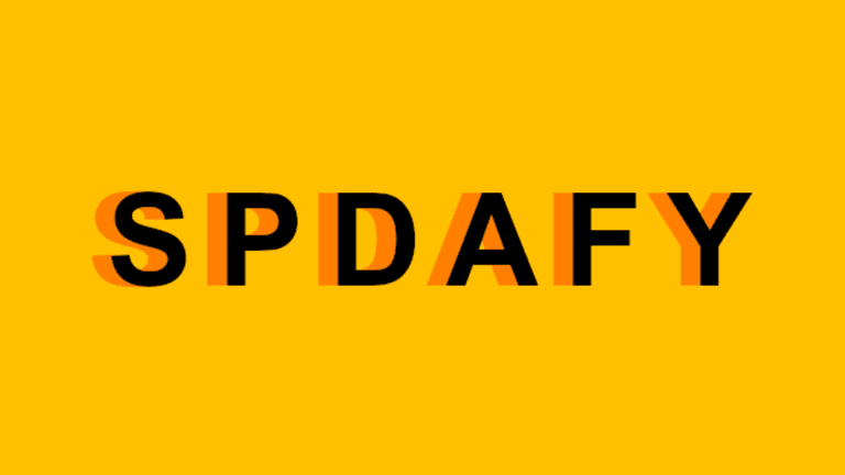 Logo of DJ SPDAFY with bold black and orange text on a bright yellow background.