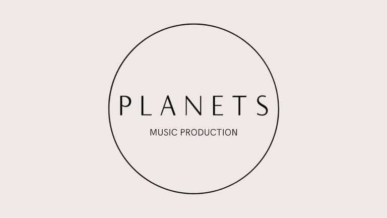 PLANETS Music Production logo inside a circular outline on a light gray background.