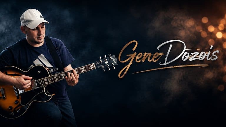 Gene Dozois playing electric guitar beside his stylized artist logo and glowing stage lights.