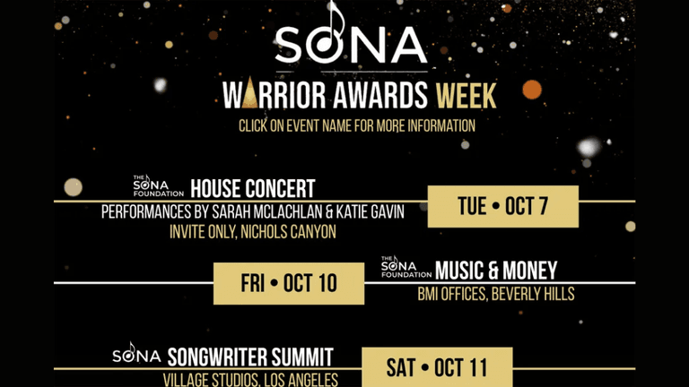 Event flyer for SONA Warriors Week showcasing performances, panels, and celebrations for songwriters, produced by Shomer & Associates.