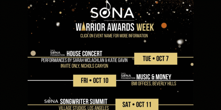 Event flyer for SONA Warriors Week showcasing performances, panels, and celebrations for songwriters, produced by Shomer & Associates.