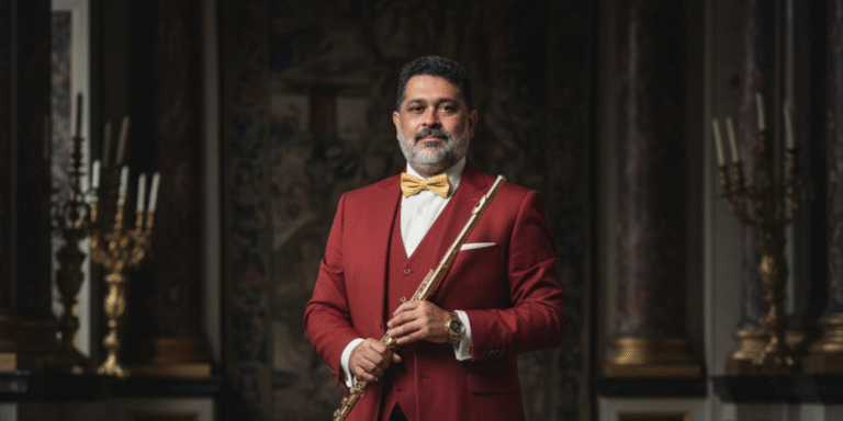 “Elegant musician in a formal red suit holding a flute inside an ornate concert hall, representing refined artistry, professionalism, and cultural excellence.”