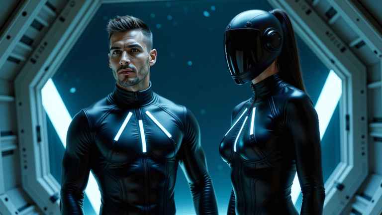 Two futuristic figures in glowing black suits stand in a sci-fi spaceship, representing Dimitrii and “Gravity” music video theme.