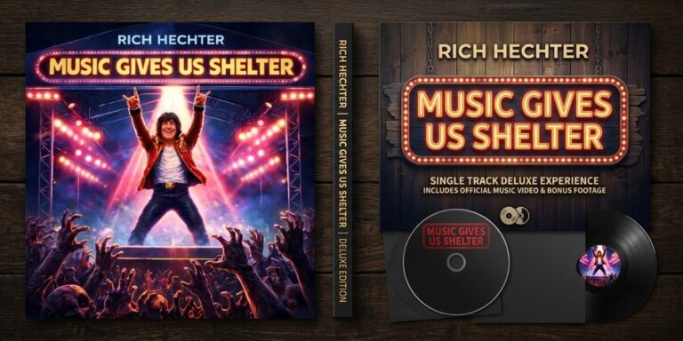 Album cover for "Music Gives Us Shelter" by Rich Hechter. A performer on stage raises arms triumphantly, surrounded by cheering crowd and vibrant lights. Retro vibe.