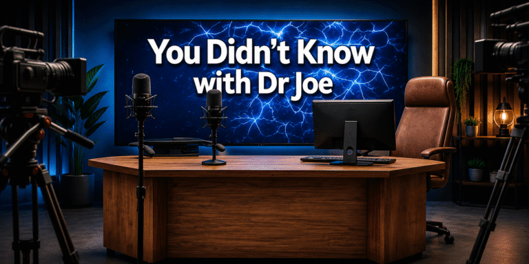 Modern podcast studio setup with “You Didn’t Know with Dr Joe” displayed on a large illuminated screen.