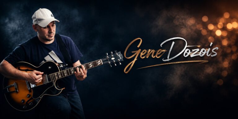 Gene Dozois playing electric guitar beside his stylized artist logo and glowing stage lights.