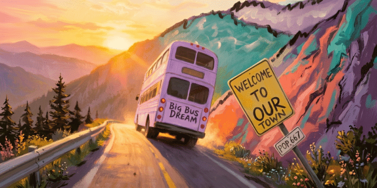 Big Bus Dream Makes Music for Listeners Willing to Stay Purple double-decker bus driving through a colorful mountain town at sunset beside a welcome sign.