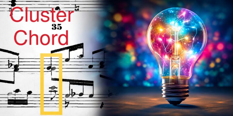 Eureca! Bach’s Humor-Based Brain Optimization Makes Unnecessary Nagging to Practice Music Assignments Sheet music labeled "Cluster Chord 35" beside a glowing multicolored light bulb illustration.