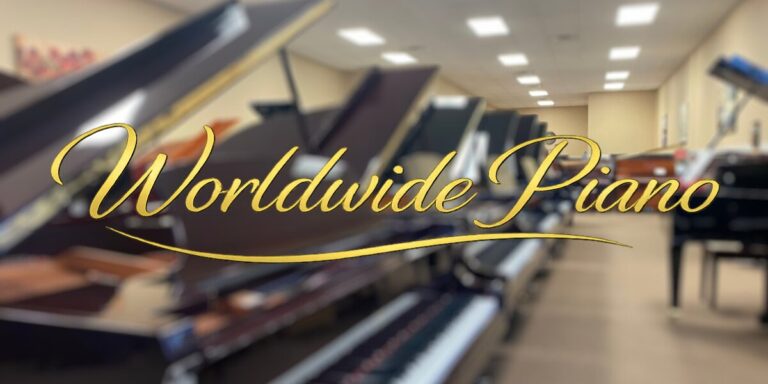 Why Today’s Piano Buyers Are Looking Beyond Brand Names Worldwide Piano logo displayed over a blurred showroom filled with acoustic pianos.