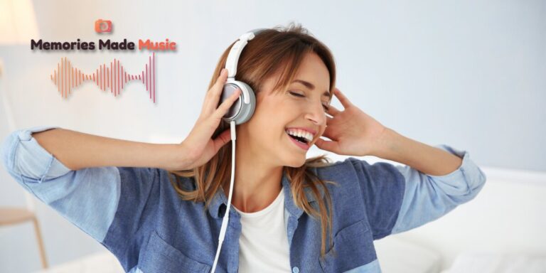 Person wearing headphones smiling while listening to music beside the Memories Made Music logo.