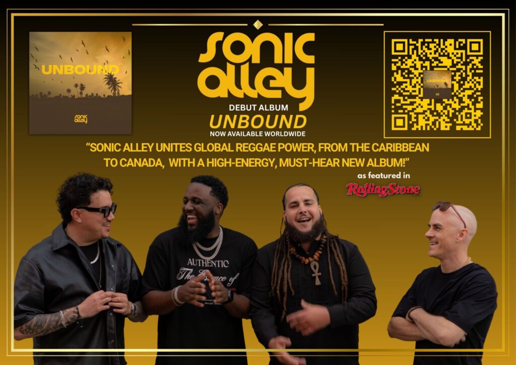 Promotional graphic for Sonic Alley's Unbound album featuring the band, album cover, and QR code.